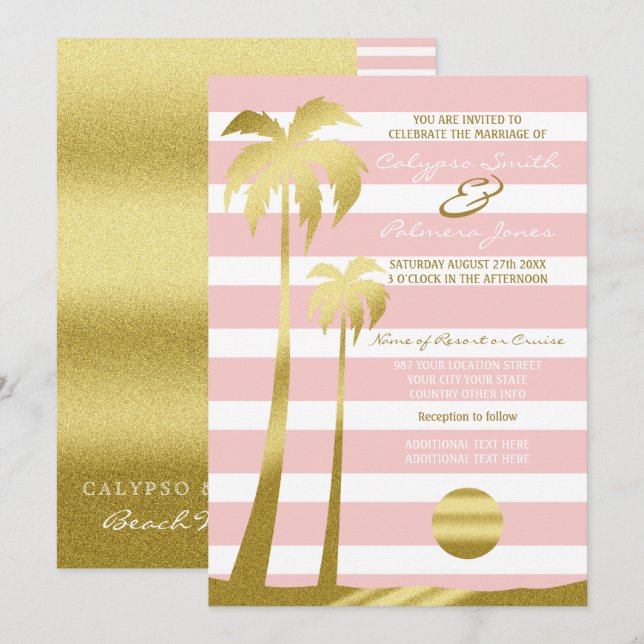 Beach Wedding Gold Glitter Palm Trees Pink Stripes Invitation (Front/Back)
