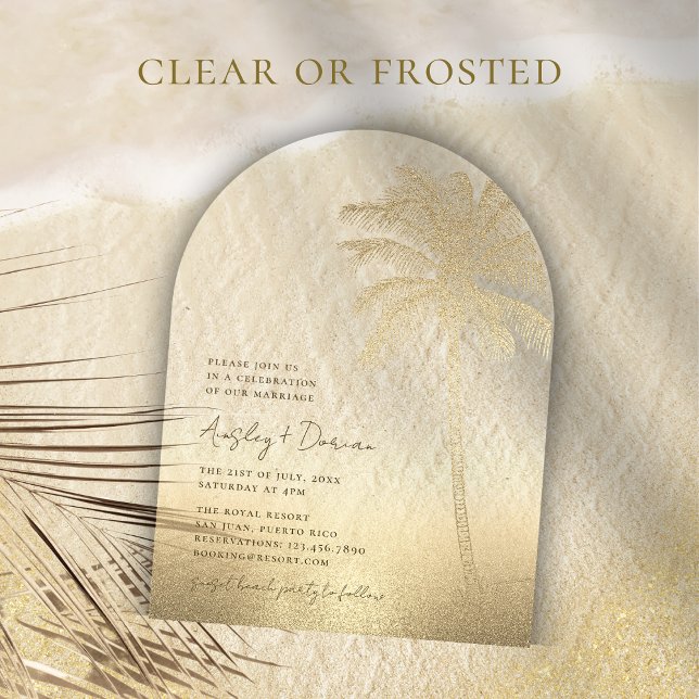 Beach Wedding Gold Sand Palm Tree Arch Boho Acrylic Invitations (Creator Uploaded)
