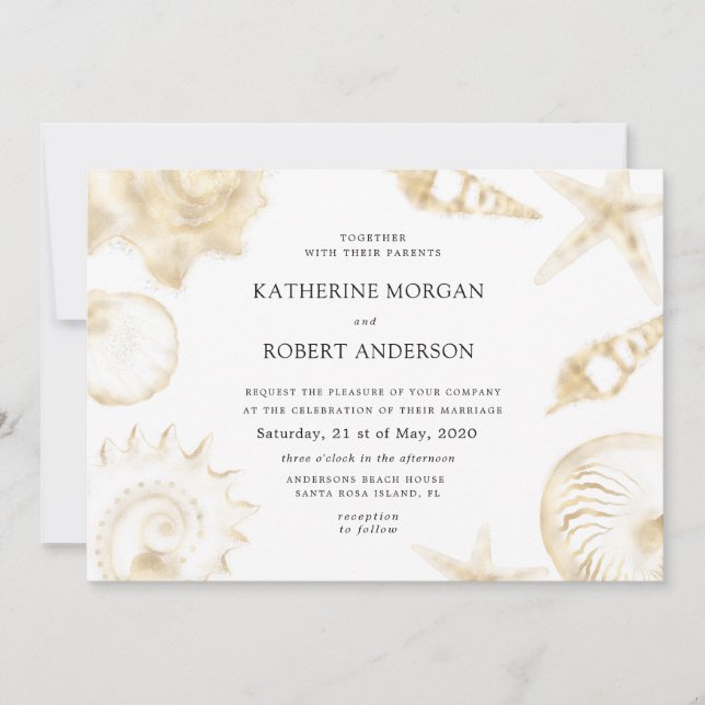 Beach wedding golden blue Wedding Invitation (Front)
