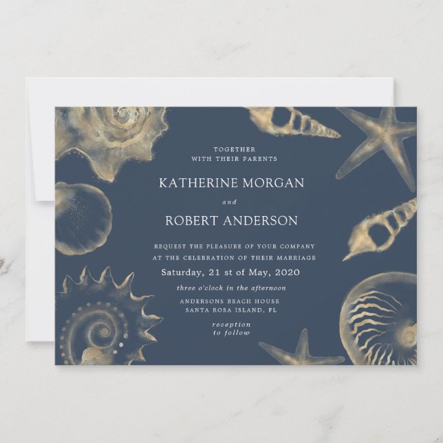 Beach wedding golden blue Wedding Invitation (Front)