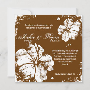 Beach Wedding Grunge Hibiscus Chocolate Brown Invitation