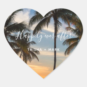 Beach Wedding Happily Ever After Palm Tree Favour Heart Sticker