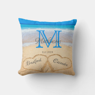  Beach Wedding Hearts in Sand Family Monogram Cushion