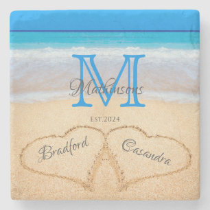 Beach Wedding Hearts in Sand Family Monogram Stone Coaster