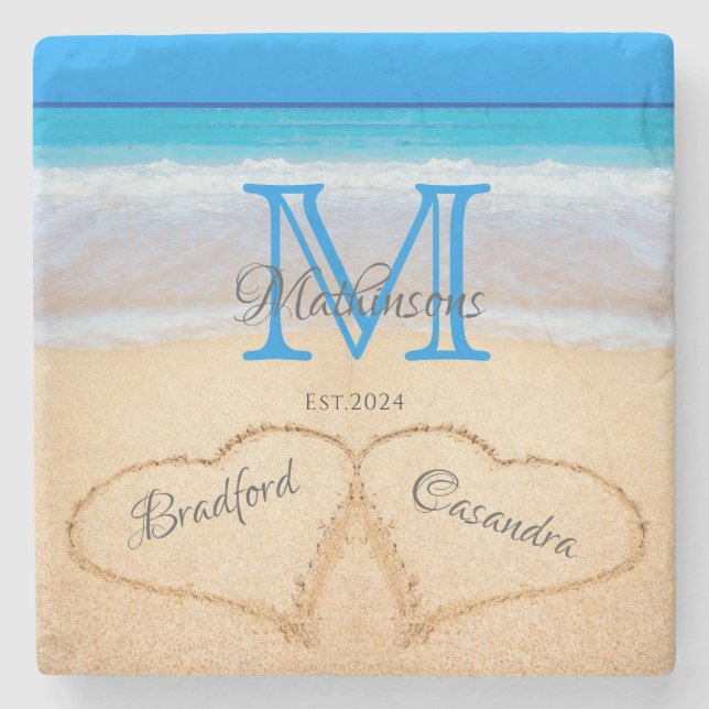  Beach Wedding Hearts in Sand Family Monogram  Stone Coaster (Front)