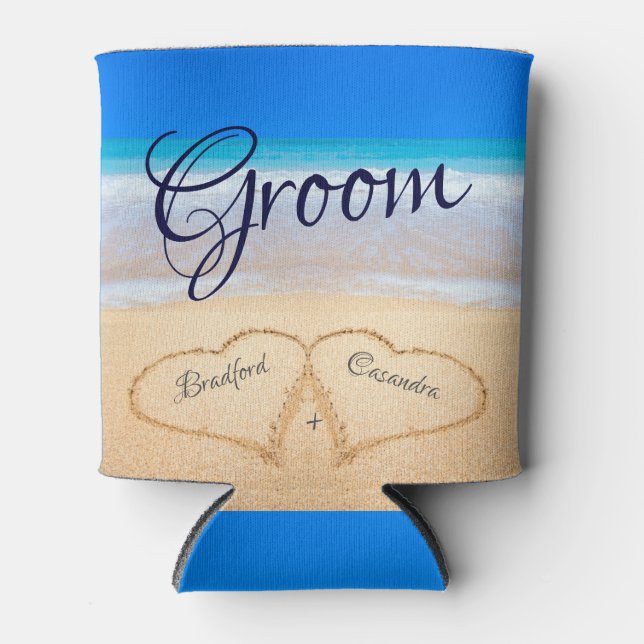 Beach Wedding Hearts in Sand Groom  Can Cooler (Front)