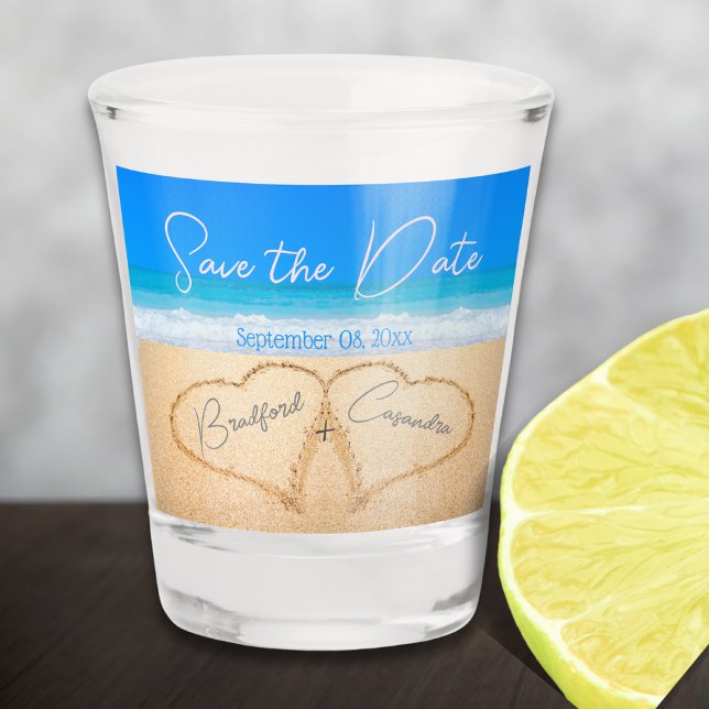  Beach Wedding Hearts in Sand Save The Date Shot Glass (Creator Uploaded)