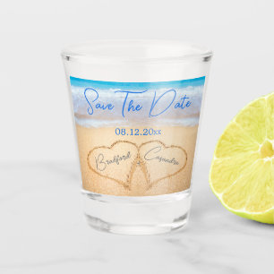 Beach Wedding Hearts in Sand Save The Date Shot Glass