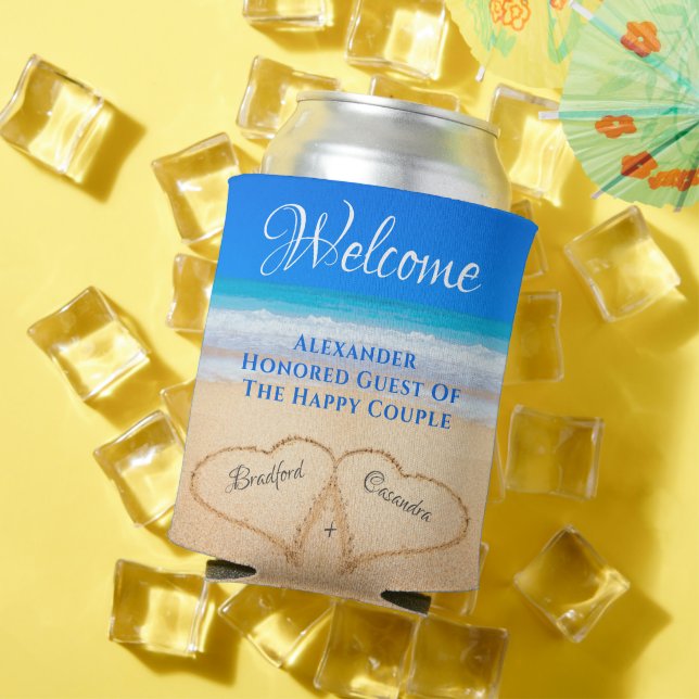  Beach Wedding Hearts in Sand Welcome  Can Cooler (In Situ Summer)