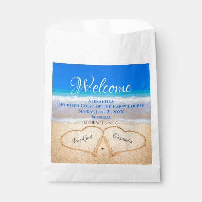  Beach Wedding Hearts in Sand Welcome Favour Bags (Front)