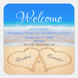 Beach Wedding Hearts in Sand Welcome Keepsake  Square Sticker