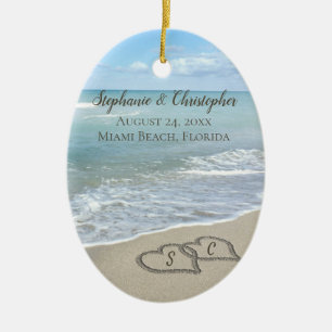 Beach Wedding Hearts in the Sand Elegant Ceramic Tree Decoration