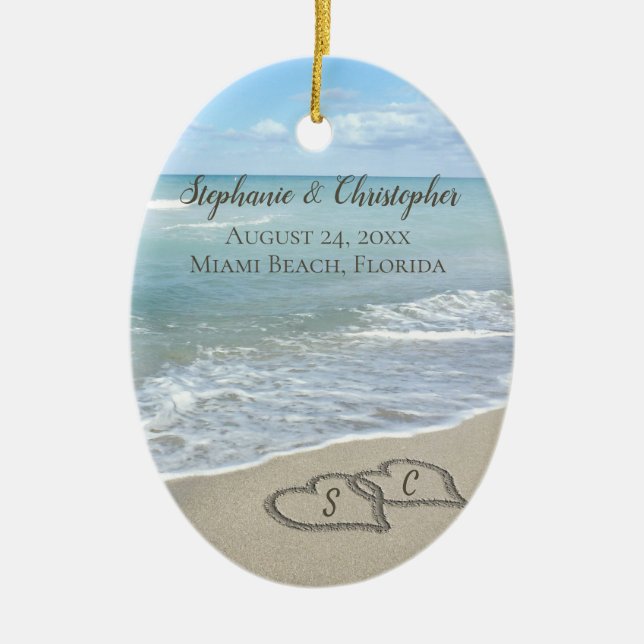 Beach Wedding Hearts in the Sand Elegant Ceramic Tree Decoration (Front)
