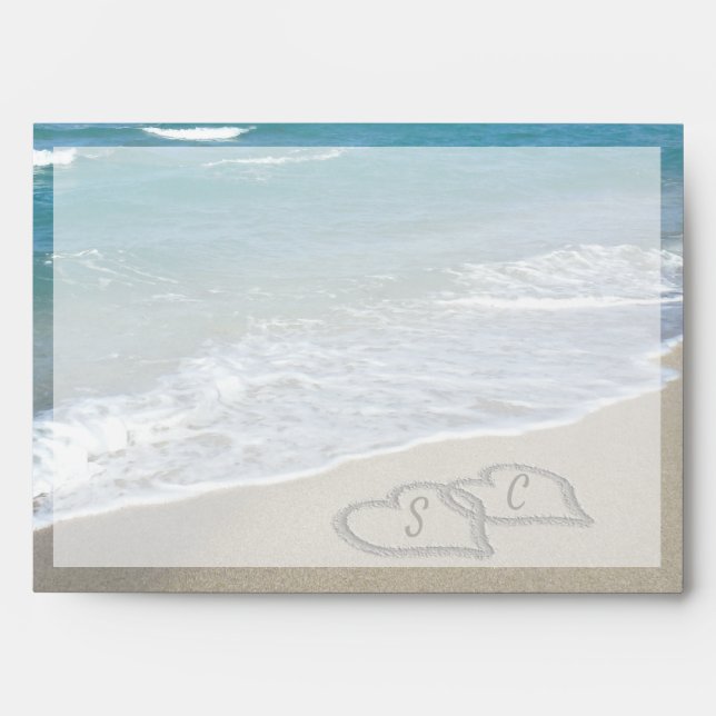 Beach Wedding Hearts in the Sand Elegant Envelope (Front)