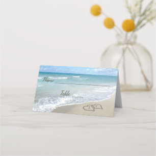 Beach Wedding Hearts in the Sand Elegant Initials Place Card