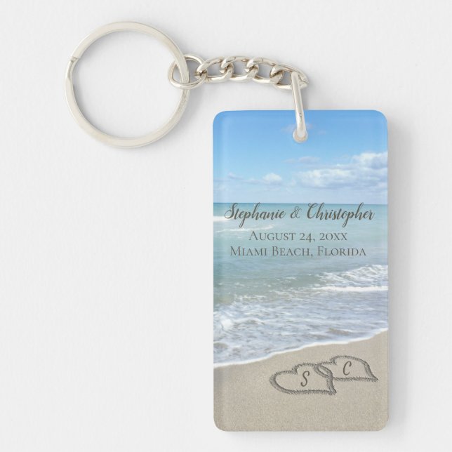Beach Wedding Hearts in the Sand Elegant Key Ring (Front)