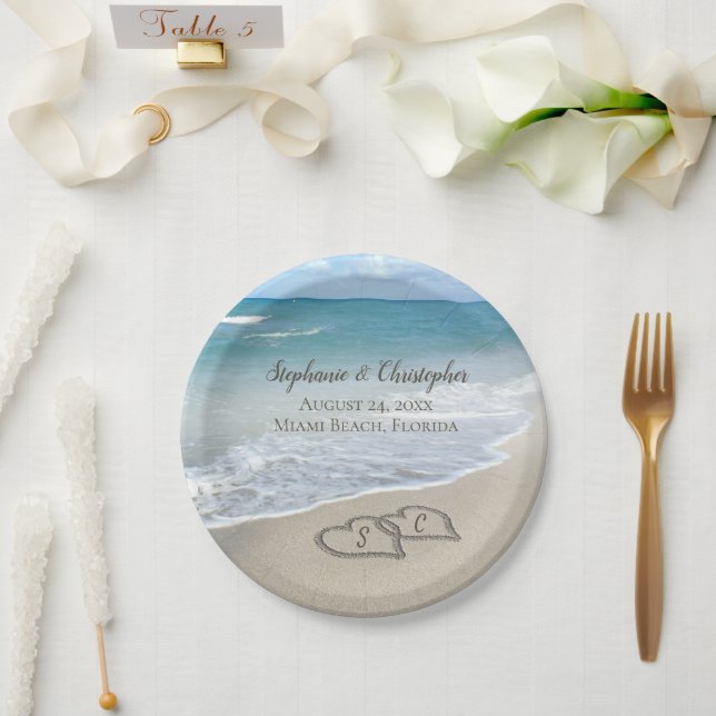 Beach Wedding Hearts in the Sand Elegant Paper Plate (Wedding)