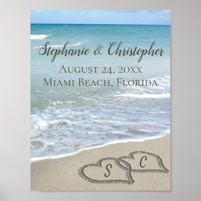 Beach Wedding Hearts in the Sand Elegant Poster (Front)