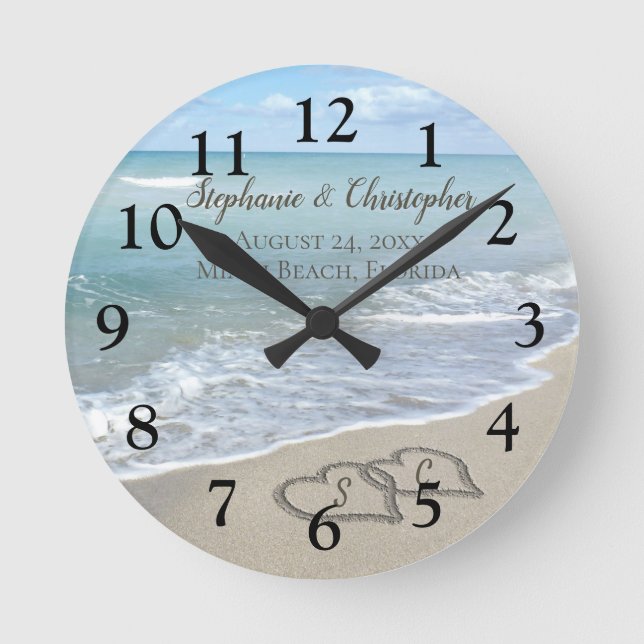 Beach Wedding Hearts in the Sand Elegant Round Clock (Front)