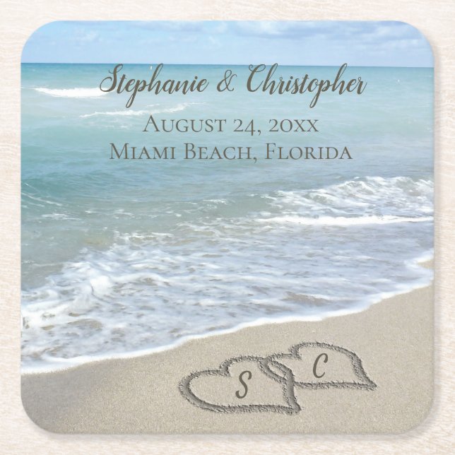 Beach Wedding Hearts in the Sand Elegant Square Paper Coaster (Front)