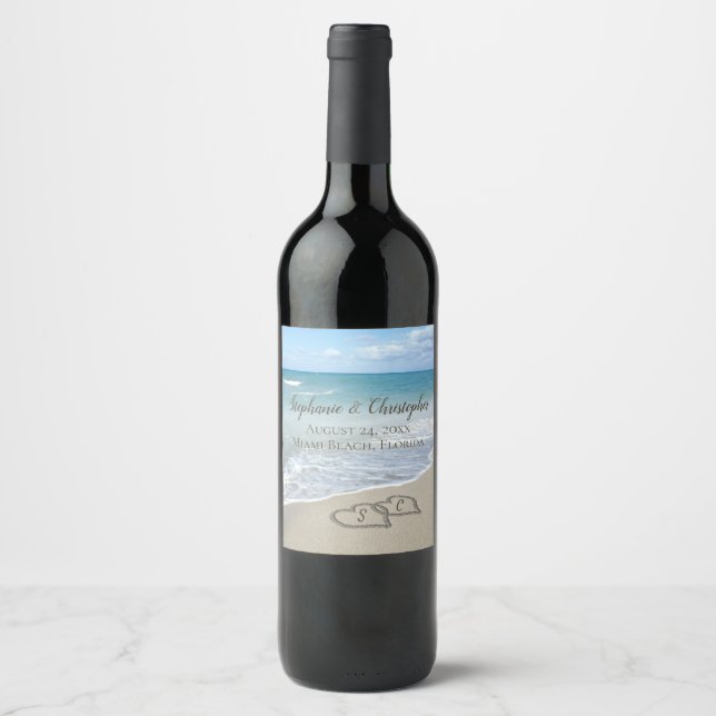 Beach Wedding Hearts in the Sand Elegant Wine Label (Front)