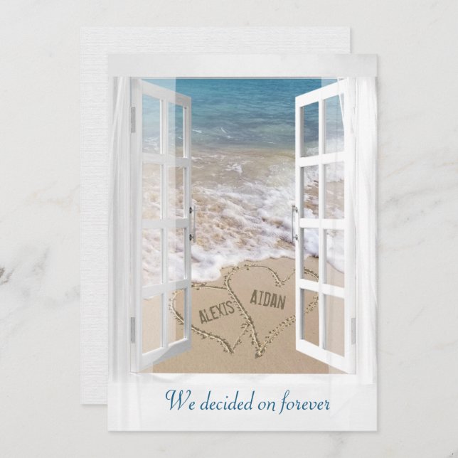 Beach Wedding Hearts with Names In Window  Invitation (Front/Back)