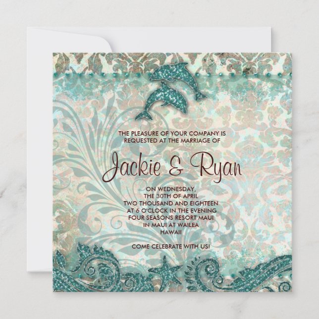 Beach Wedding Invitation Dolphins Vintage Teal (Front)