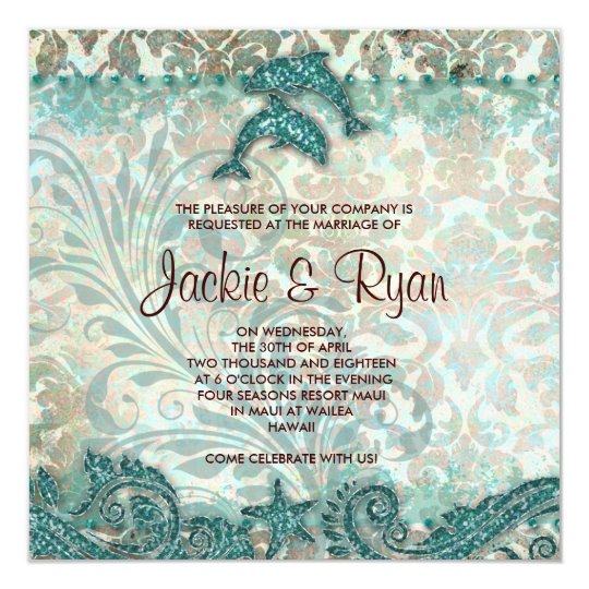 Beach Wedding Invitation Dolphins Vintage Teal