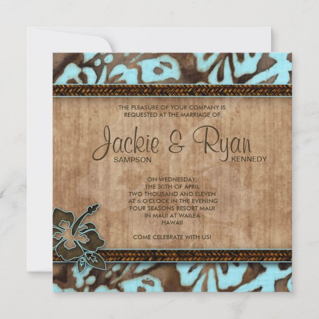 Beach Wedding Invitation Hibiscus Blue Brown (Front)