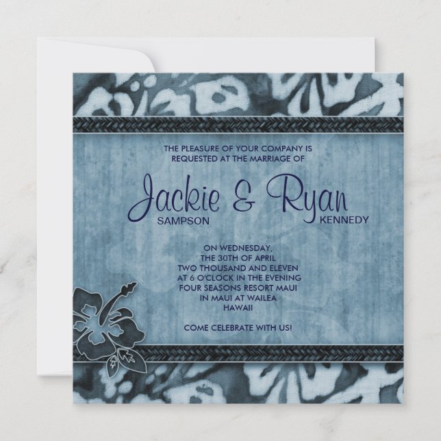 Beach Wedding Invitation Hibiscus Blue Denim (Front)