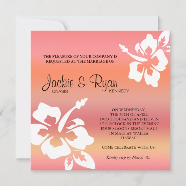Beach Wedding Invitation Hibiscus Coral Orange (Front)