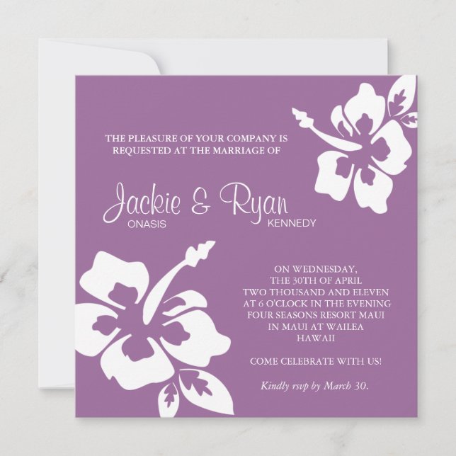 Beach Wedding Invitation Hibiscus Flower Purple (Front)