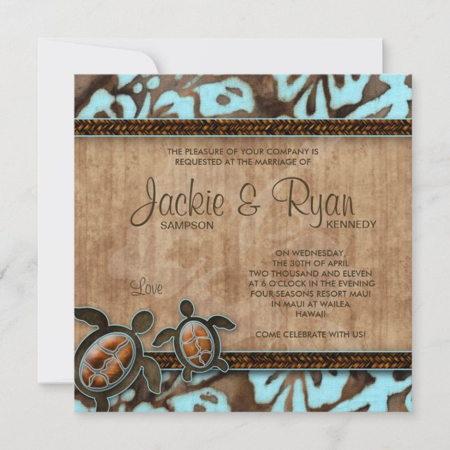 Beach Wedding Invitation Turtle Blue Brown (Front)