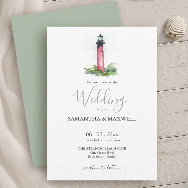 Beach Wedding Invitation Watercolor Lighthouse (Beach wedding invitations feature watercolor Jupiter lighthouse Victoria Grigaliunas DoTellABelle)