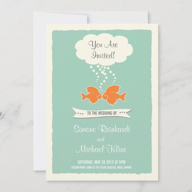 Beach Wedding Invitation with kissing Fish (Front)
