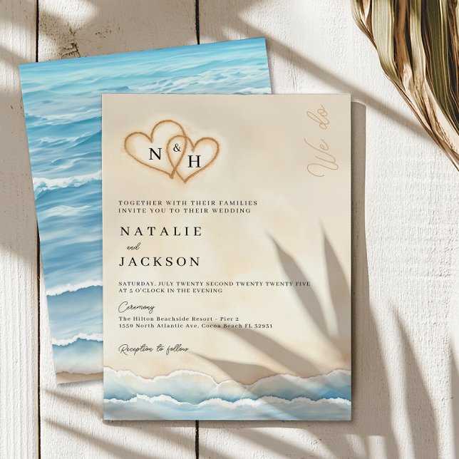 Beach Wedding Invitation with Sand Hearts (Coastal Beach Wedding Invitation)