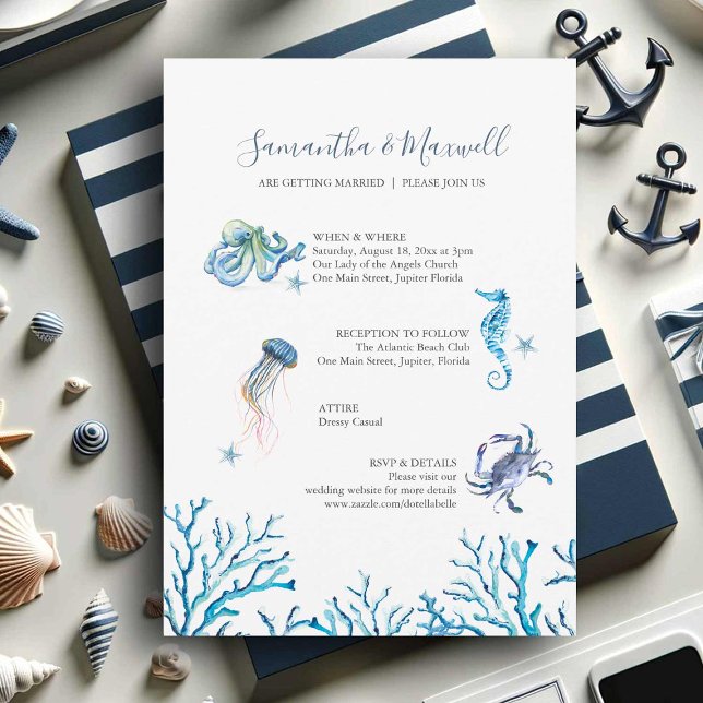 Beach Wedding Invitations Watercolor Ocean (Nautical illustrated wedding invitations watercolor art by Victoria Grigaliunas Do Tell A Belle)
