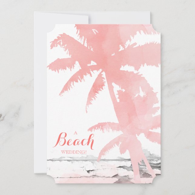 Beach Wedding Invite Coral Palm Trees Wood (Front)