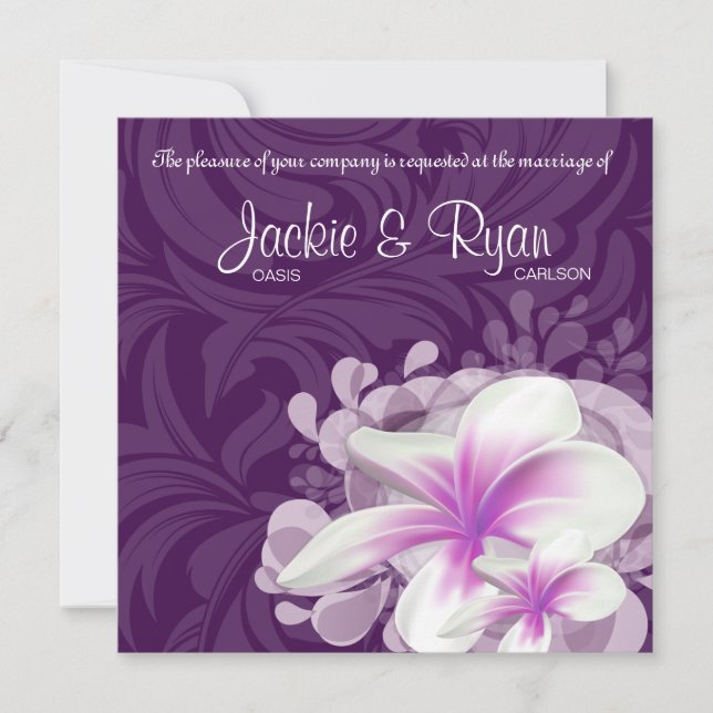Beach Wedding Invite Plumeria Flower Purple Leaves (Front)