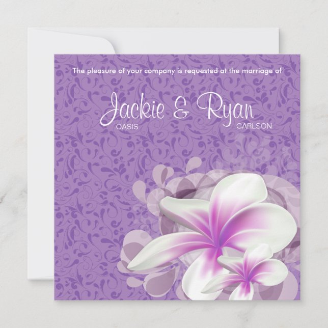 Beach Wedding Invite Plumeria Flower Purple Swirls (Front)