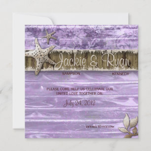 Beach Wedding Invite Seashell Purple Vintage Wood