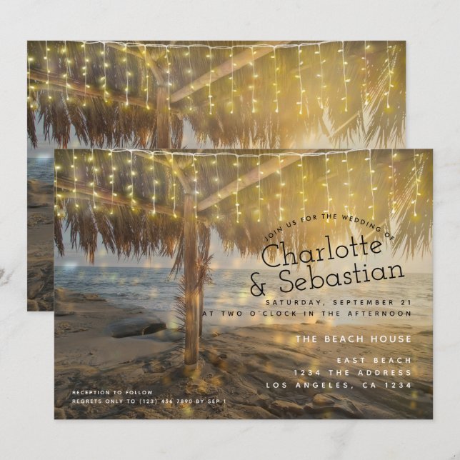 Beach Wedding Light String Personalised Invitation (Front/Back)
