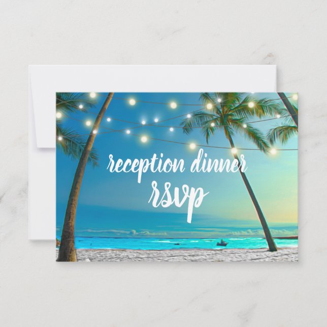 Beach Wedding Lights Palms Reception Dinner RSVP Card (Front)