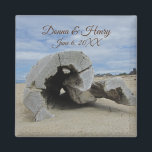 Beach Wedding Memento Driftwood Photo Oceanside Magnet<br><div class="desc">This beautiful magnet offers a beautiful way to offer your wedding guests a personalize memento from your special oceanside wedding. This photo captures a large piece of driftwood that has been washed up onto a Pacific Ocean beach and has slowly formed a hollow circle in it's center. The brown sand...</div>