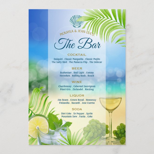 Beach Wedding Mojito Wine Grapes Palm Open Bar Menu (Front)