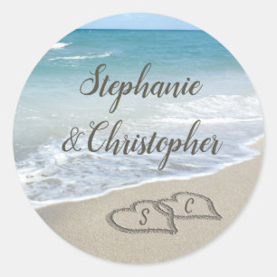 Beach Wedding Monogram Hearts in the Sand Classic Round Sticker