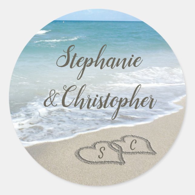 Beach Wedding Monogram Hearts in the Sand Classic Round Sticker (Front)