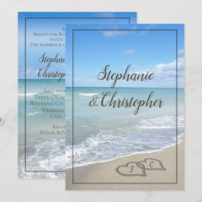 Beach Wedding Monogram Hearts in the Sand Invitation (Front/Back)