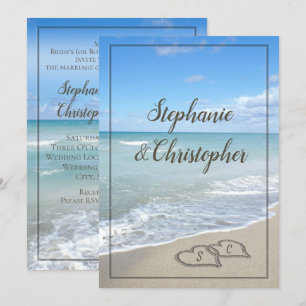 Beach Wedding Monogram Hearts in the Sand Invitation