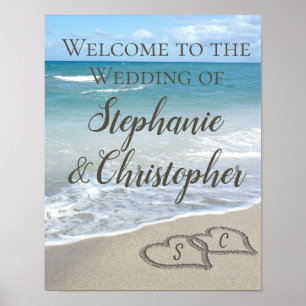 Beach Wedding Monogram Hearts in the Sand Poster